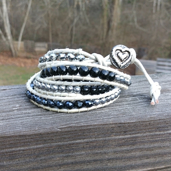 White Leather Wrap Beaded Bracelet - Picture 1 of 5